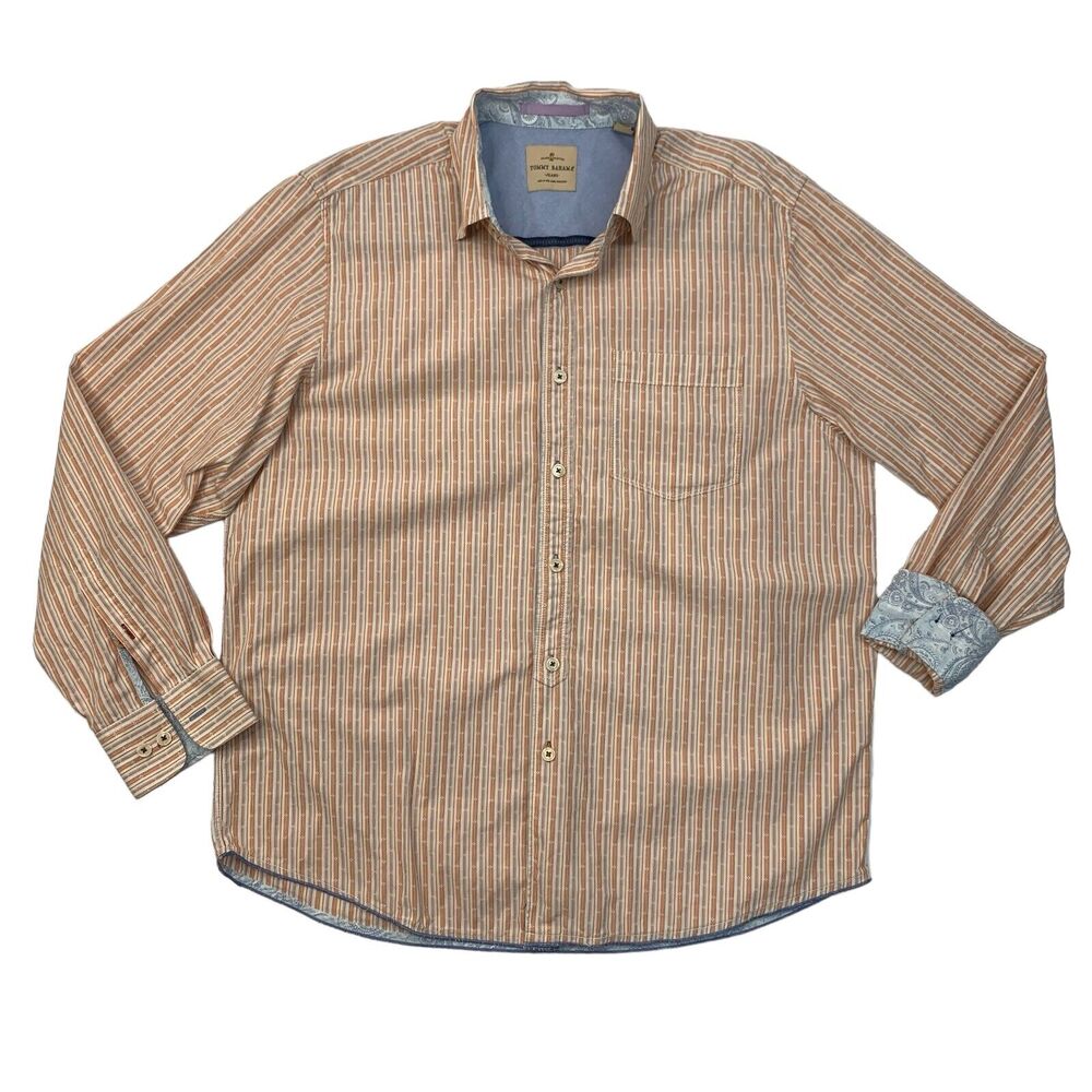 Tommy Bahama Shirt Men L Large Orange Flip Cuff Striped Long Sleeve Dress Button